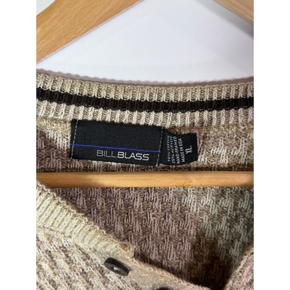 Bill Blass Vintage Mens XL Henley Sweater Textured Knit Beige Brown Made in USA